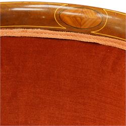 Pair of Edwardian inlaid mahogany tub armchairs, traditional shape with satinwood stringing, upholstered in crimson fabric with sprung seat, on square tapering supports with castors
