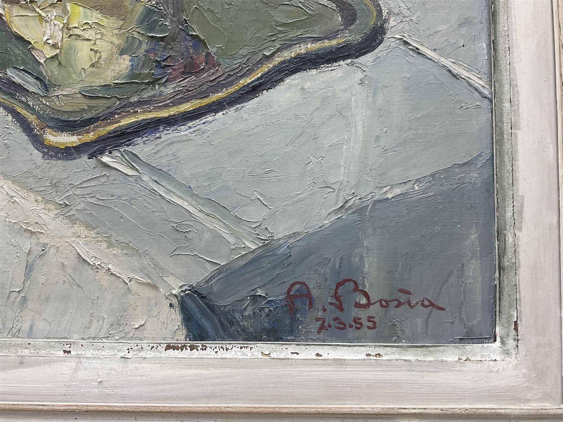 Agostino Bosia (Italian 1886-1962): Still Life of Pansies and Flowers in a Vase, oil on board signed and dated '55, 48cm x 38cm