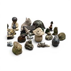 Collection of 33 small glazed cast stone garden animals and figures