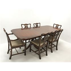 Wade Georgian style mahogany twin pedestal extending dining table, turned supports on shaped brass capped feet (W214cm, H80cm, D100cm) and set six (4+2) Chippendale style chairs, upholstered seat, square supports (W55cm)