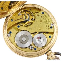 Early 20th century 9ct gold full hunter, keyless 'Traveler' lever pocket watch by American Watch Company, Waltham, No. 14765271, white enamel dial with Roman numerals and subsidiary seconds dial, case by Dennison, Birmingham 1907