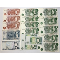 Bank of England notes including Hollom portrait series C five pounds 'A77', Somerset Duke of Wellington five pounds 'ER10', various one pound notes etc, face value approximately twenty-four pounds