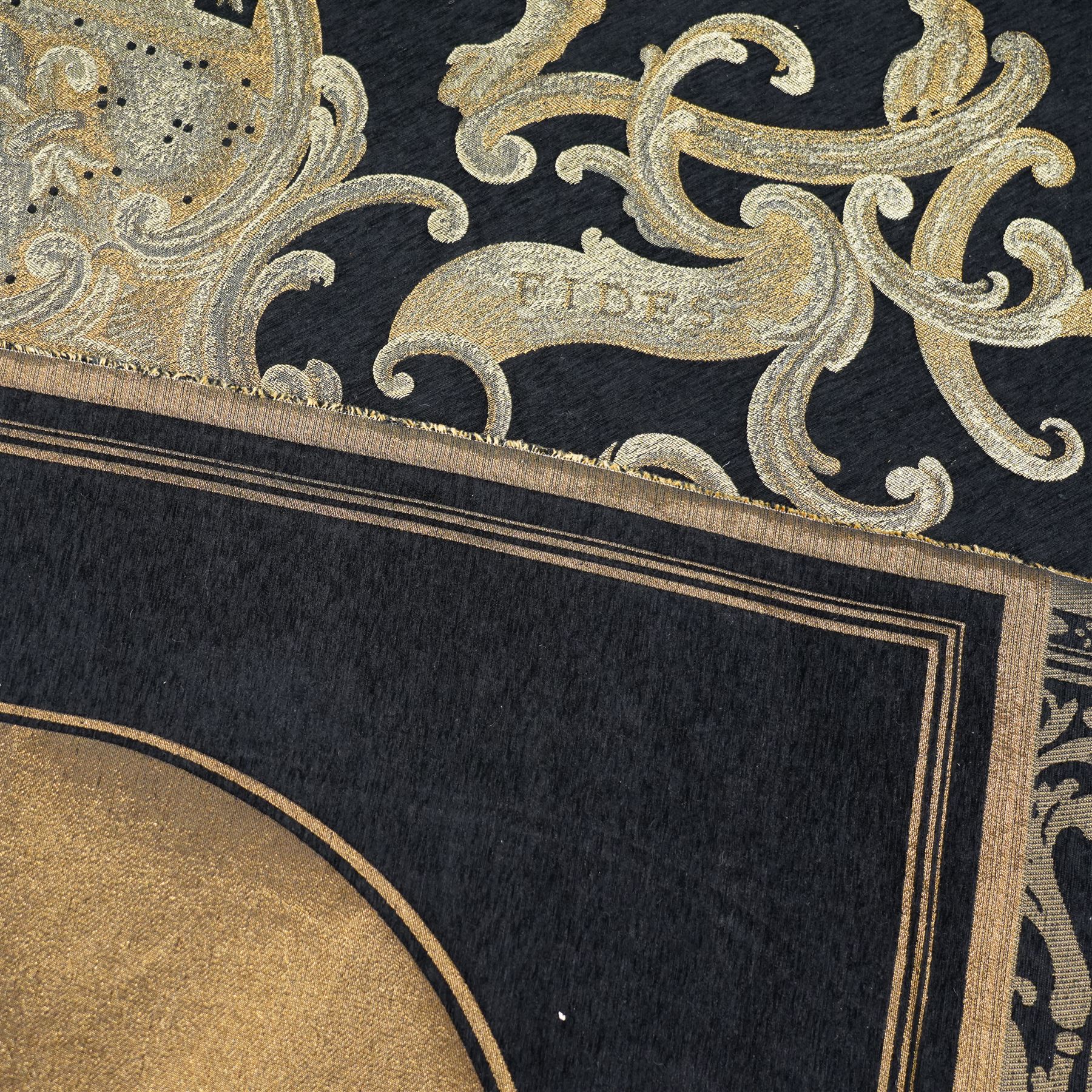 Large heraldic wall hanging, decorated with gilt threads, the central coat of arms over Latin motto 'Mea Gloria Fides' or 'Faith is my Glory',  174cm x 255cm