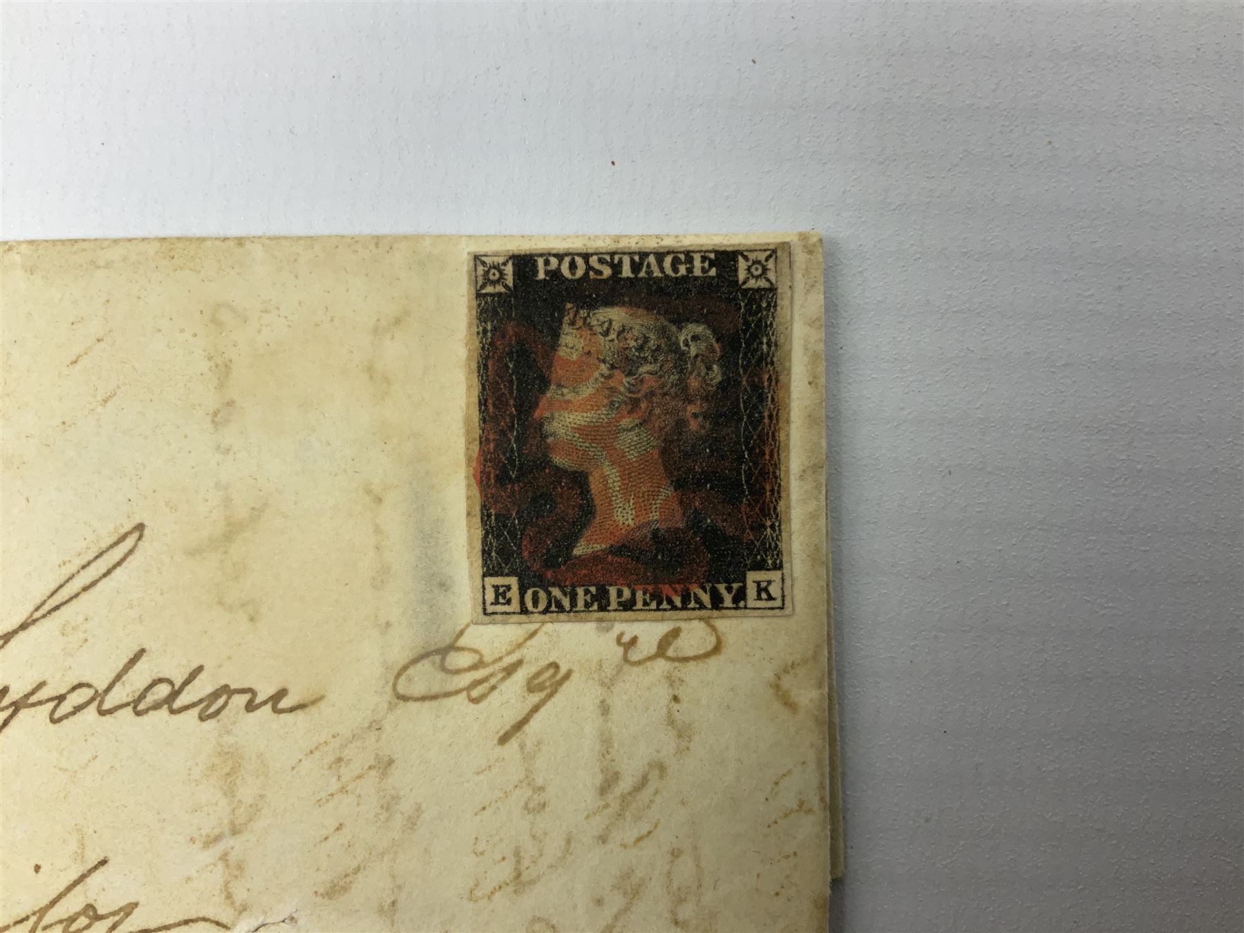 Queen Victoria penny black stamp on letter, red MX cancel