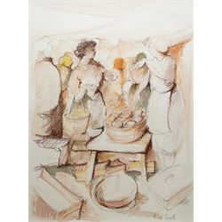 Michel Guyot (French 20th century): Market Scene, watercolour and pastel signed 57cm x 44cm
