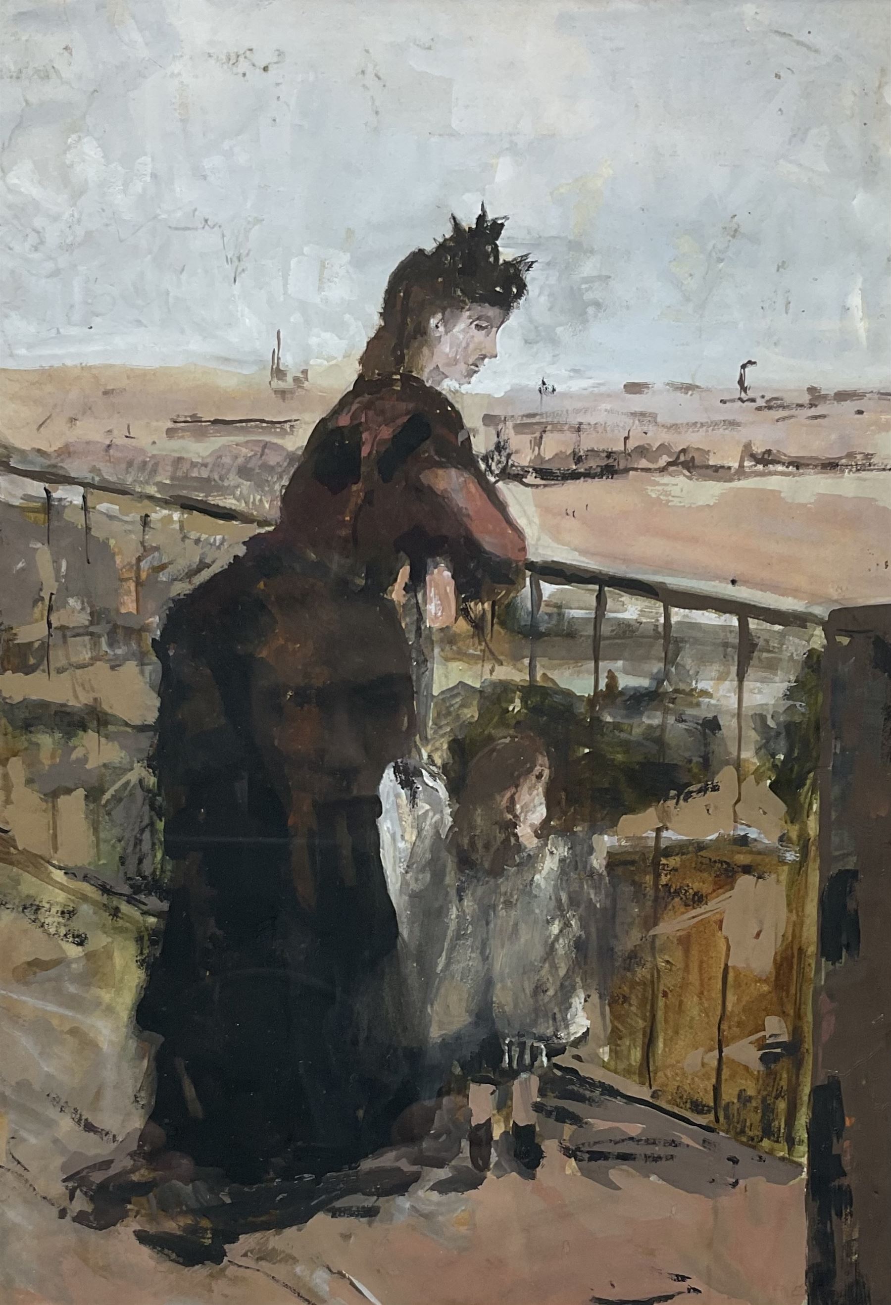 English School (20th century): Watching from the Balcony, watercolour and gouache unsigned 36cm x 25cm