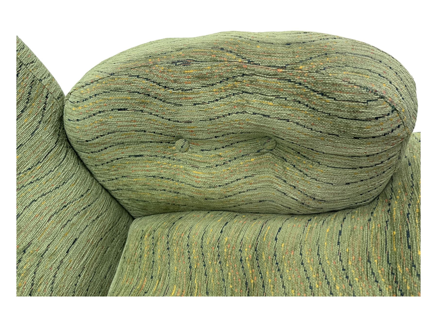 Ercol - mid-20th century three-piece suite, comprising two-seater sofa, upholstered in green fabric with teak frame, on splayed supports with stretcher (W142cm, D95cm, H87cm); with matching pair of armchairs (W82cm, D95cm, H87cm)