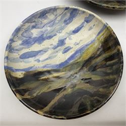Wendy Abbott Salt; Three studio pottery dishes, decorated in High moorland pattern, largest D34cm 