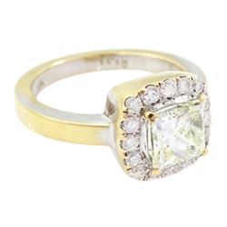 18ct gold diamond cluster ring, the central princess cut light yellow diamond of approx 1.00 carat, with round brilliant cut white diamond surround, total diamond weight 1.31 carat