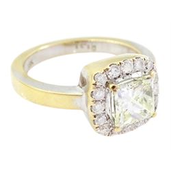 18ct gold diamond cluster ring, the central princess cut light yellow diamond of approx 1.00 carat, with round brilliant cut white diamond surround, total diamond weight 1.31 carat