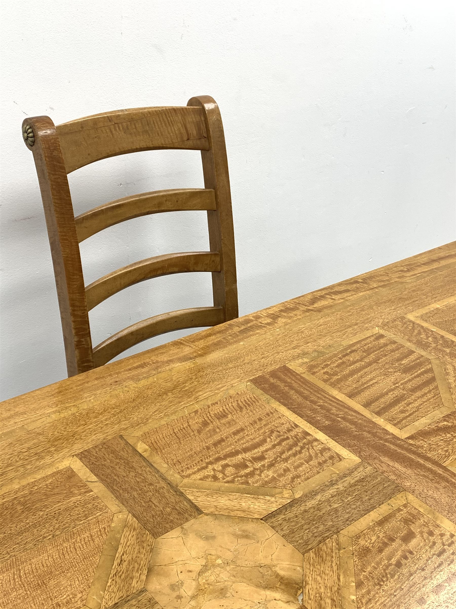 Mango wood and flagstone rectangular dining table (150cm x 90cm, H77cm) and set four high ladder back dining chairs