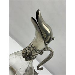 Silea silver plate mounted glass claret jug, in the form of a duck, with makers mark beneath, H26cm