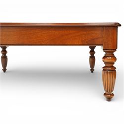 Georgian design mahogany coffee table, square top with satinwood crossbanded border above plain frieze, raised on turned and fluted supports