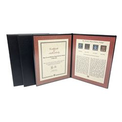 Three Westminster  stamp folders, 'The 1867-1883 Five Shilling Red', 'The World's Most Famous Stamps' including Queen Victoria 1840 penny black with red MX cancel and 1840 two pence blue, 'Victorian 1840 Mulready Stationary' (3)
