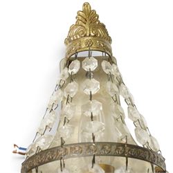 Brass and crystal ceiling light, drop 72cm, together with three small crystal oval wall lights, H28cm (4)