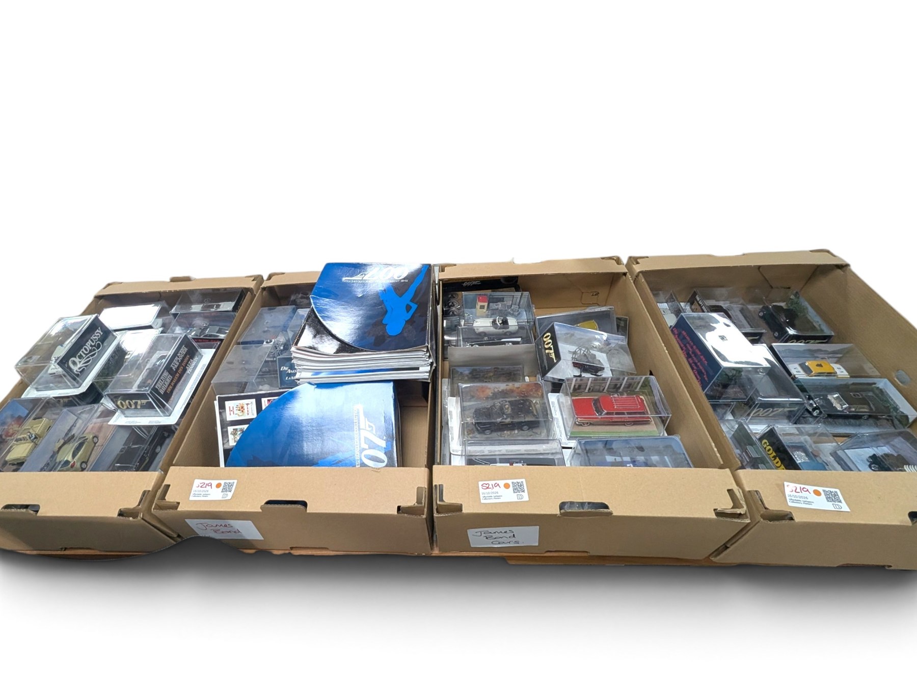 Large collection of James Bond 007 diecast model vehicles, mostly GE Fabbri, and a collection of associated magazines, in five boxes