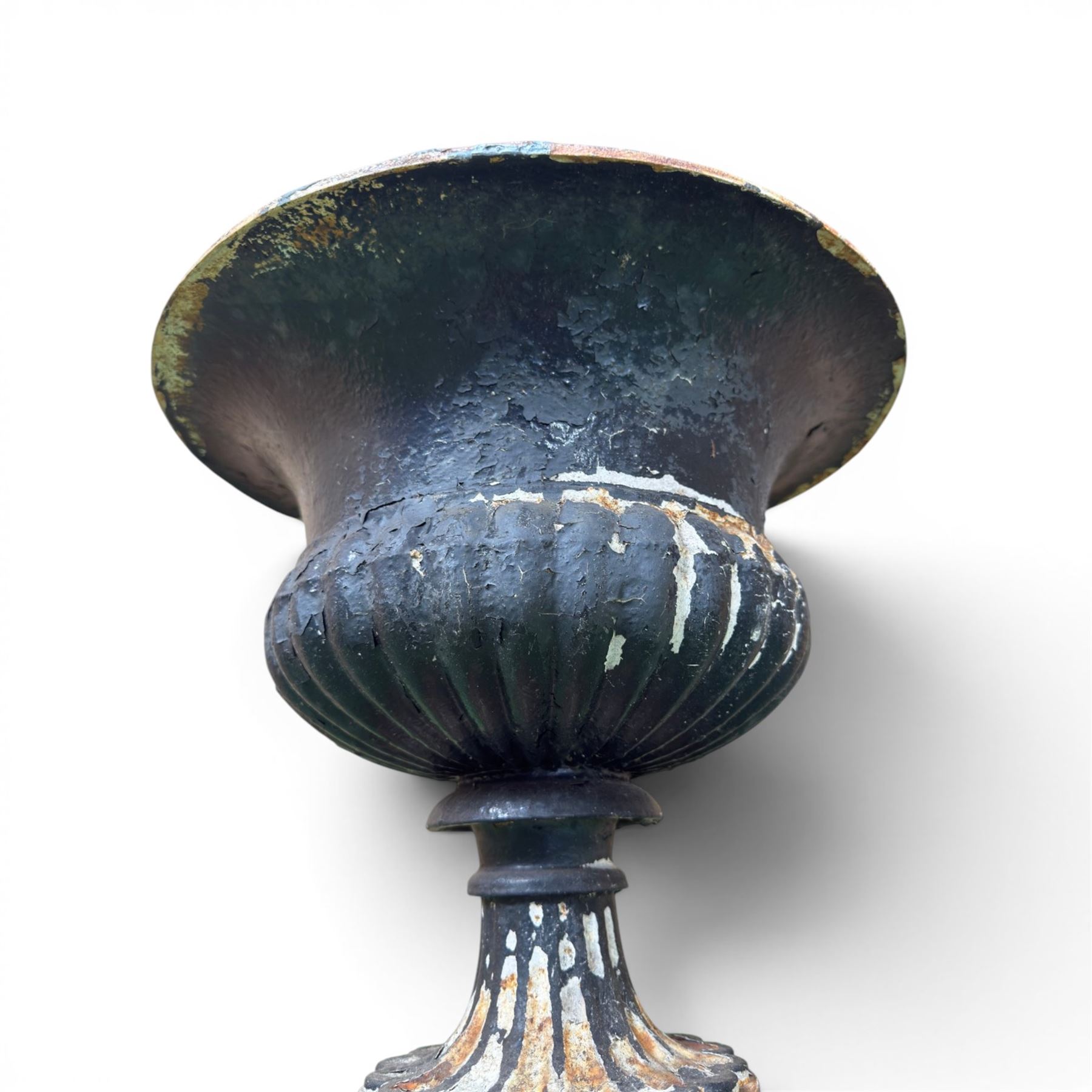 Circle of Coalbrookdale - 19th century cast iron and black painted campana shape urn with flared and scalloped rim, gadrooned underbelly on stepped square base