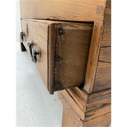 19th century elm mule chest, single hinged lid, two drawers, shaped bracket supports 