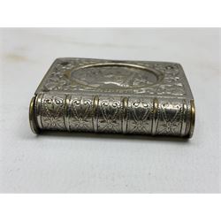 George V silver plated commemorative vesta case in the form of a book, embossed 'Long Live The King' to one side and King's bust profile to the other, L4.5cm