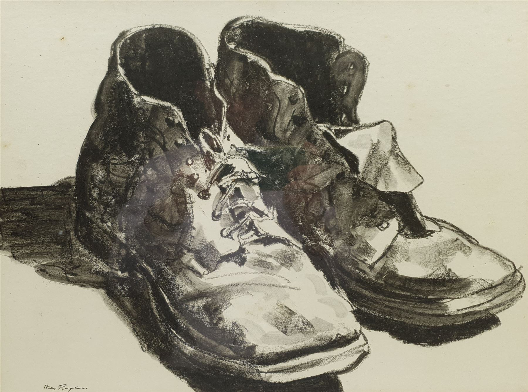 Max Rayton (Australian 20th century): Tough as Old Boots, charcoal signed, dated '46 on exhibition label verso 34cm x 46cm 
Provenance: exh. Royal South Australian Society of Arts, September 1946, label verso