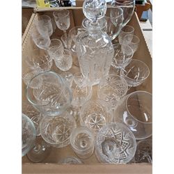 Two cut glass decanters, one with etched vine decoration, four Stuart Crystal Carlingford pattern Port glasses and a collection of other cut glass ware, in two boxes 