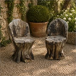 Pair of rustic root carved wood garden seat chairs