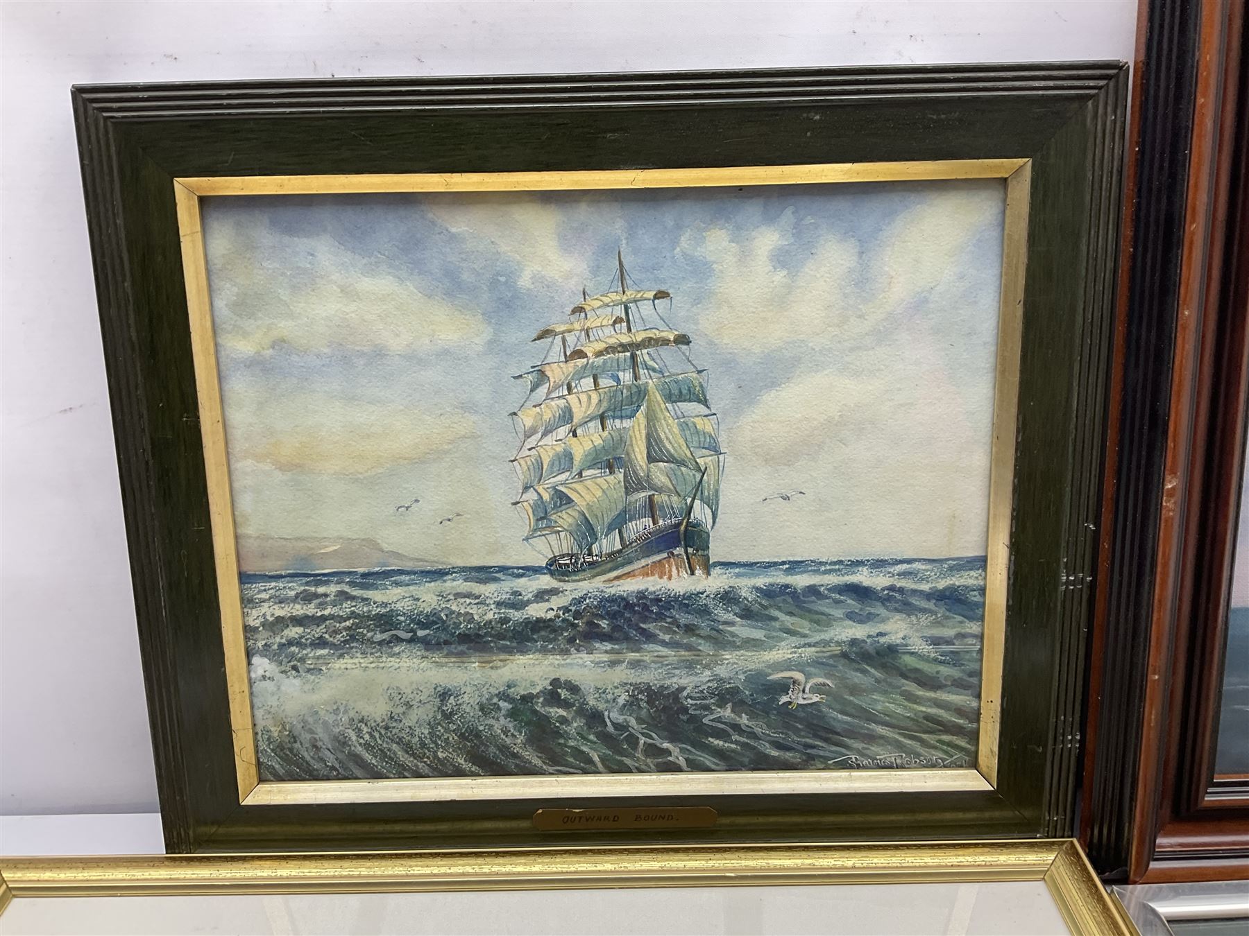 Barry Claughton (20th century): Cobbles at North Landing Flamborough, watercolour signed 23cm x 33cm; Landing the Catch, 19th/20th Century watercolour unsigned 28cm 39cm; Outward Bound, watercolour signed by S Barnes Robson 29cm x 37cm; Les Pearce (20th century): Thames Sailing Barge Race, oil on board signed  39cm x 49cm (4)