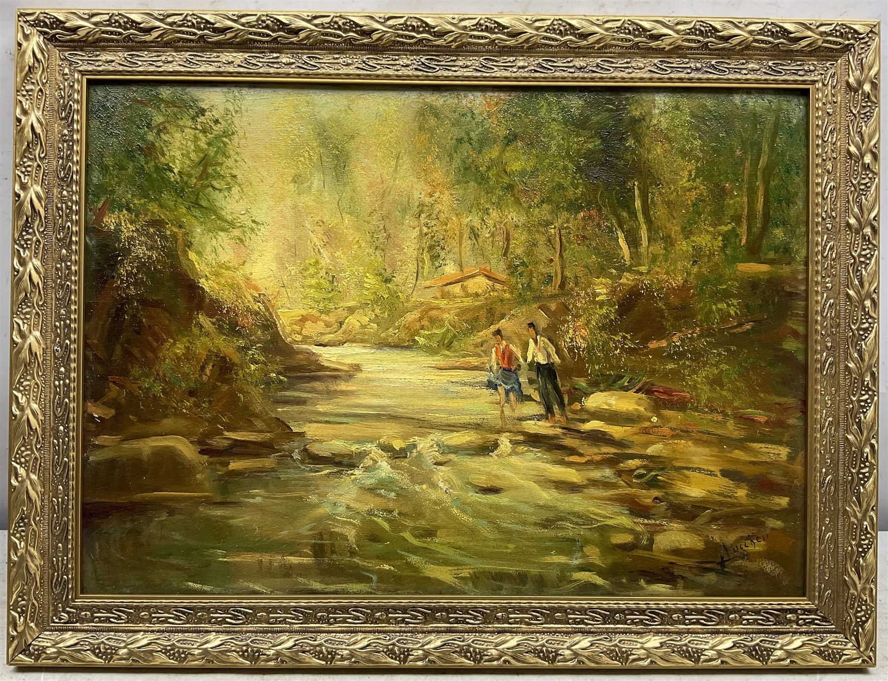 Giorgio Lucchesi (Italian 1855-1941): Figures Crossing a River in Wooded Landscape, oil on panel signed 32cm x  45cm