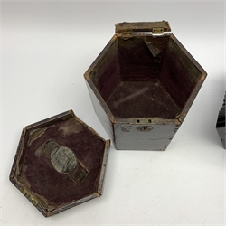 19th century rosewood concertina of hexagonal form with fretworked ends, thirty-nine lettered bone keys and leather straps to each end inscribed J.J. Vickers & Sons Ltd., Concertina Factors and Repairers, 80 & 82 Royal Hill, Greenwich, London S.E.10, W18cm, in original stained pine box with same maker's label  