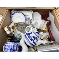 Quantity of various ceramics and glassware to include pair of Disney Mickey and Minnie Mouse cowboy Sherriff figures, stamped Japan beneath, Mason's ironstone, Wedgwood, Portmeirion, tea and dinner wares, collectors plates, glass animals etc in four boxes