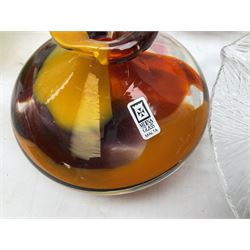 Mdina art glass vase of squat form decorated in reds, purples, yellow and orange, together with a Mdina bowl, art glass paperweight, candle holders, bowl, etc