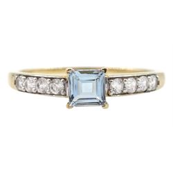 9ct gold square cut aquamarine ring, with white zircon shoulders, hallmarked