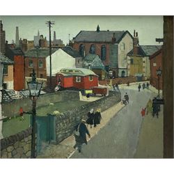 Harry Rutherford (Northern British 1903-1985): Manchester Street Scene, oil on canvas signed 49cm x 60cm
