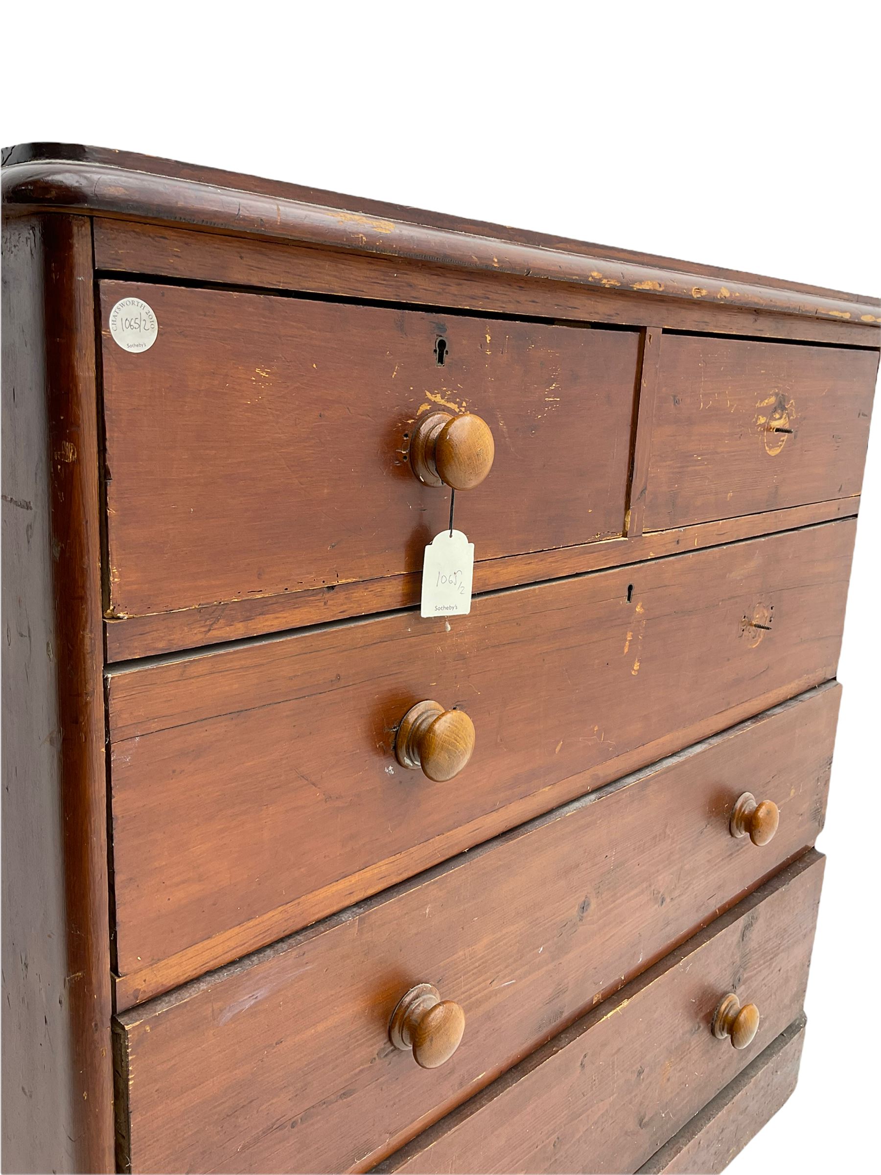 Chatsworth House - 19th century Victorian stained pine chest of drawers from Chatsworth House servant's quarters, moulded rectangular top over two short and three long drawers, plinth base. Provenance: Previously lot 1065 from the 