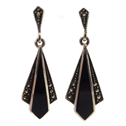  Pair of black onyx and marcasite pendant earrings, stamped 925  