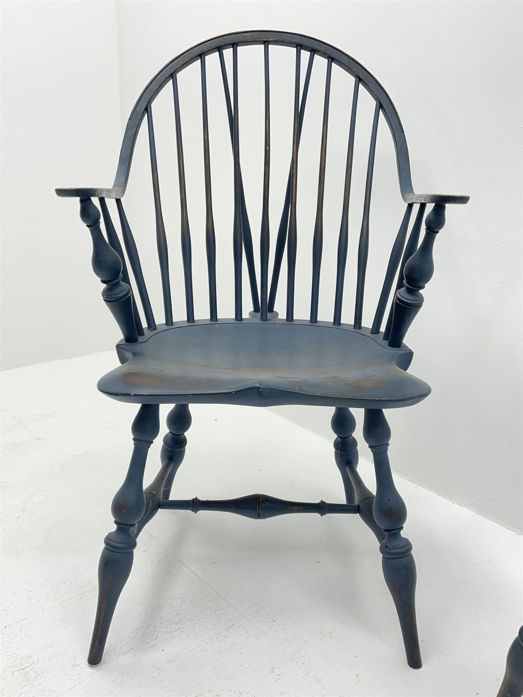 D.R. Dimes Furniture - set six American Windsor dining chairs, hoop and stick back on dished saddle seats, turned supports jointed by H stretchers, stamped underneath 'D.R.Dimes', two carvers and four side chairs