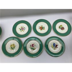Two early 19th century Derby dishes, decorated with colourful floral sprigs and gilt foliate borders, both with painted marks beneath, together with a 18th century Newhall tea bowl, a Mintons oyster dish moulded with eight wells, and six 19th century plates and two comports decorated with floral sprays within turquoise and gilt borders