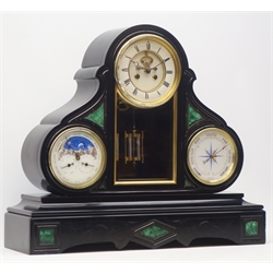  Late 19th century black slate perpetual three dial calendar clock, white enamel Roman dial with visible brocot escapement, twin train movement striking the hours and half on bell, calendar dial with moonphase, month, date and day subsidiary dials, and aneroid 'Metallic' barometer, malachite inlays and engraved detail, W60cm, H53cm  
