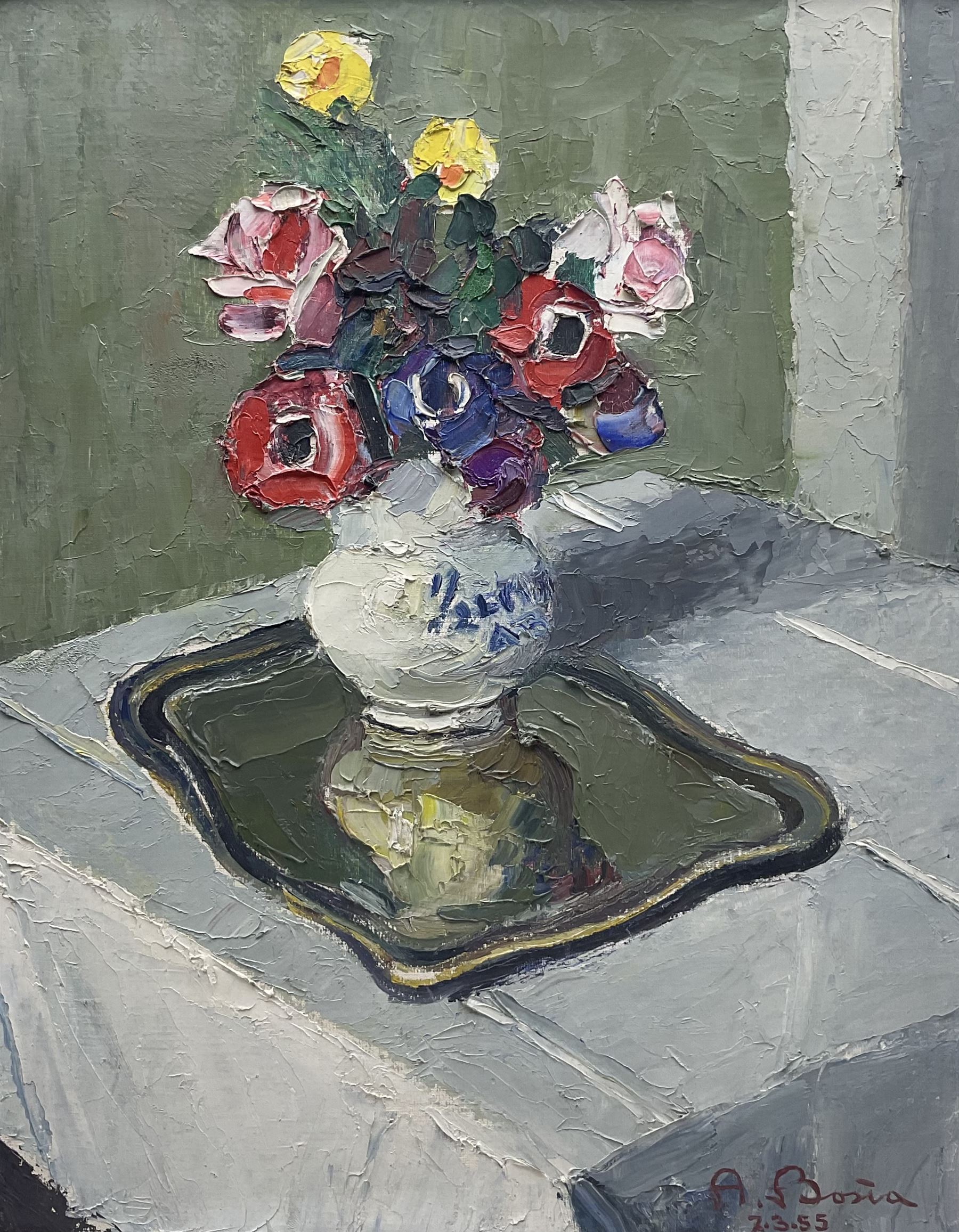 Agostino Bosia (Italian 1886-1962): Still Life of Pansies and Flowers in a Vase, oil on board signed and dated '55, 48cm x 38cm