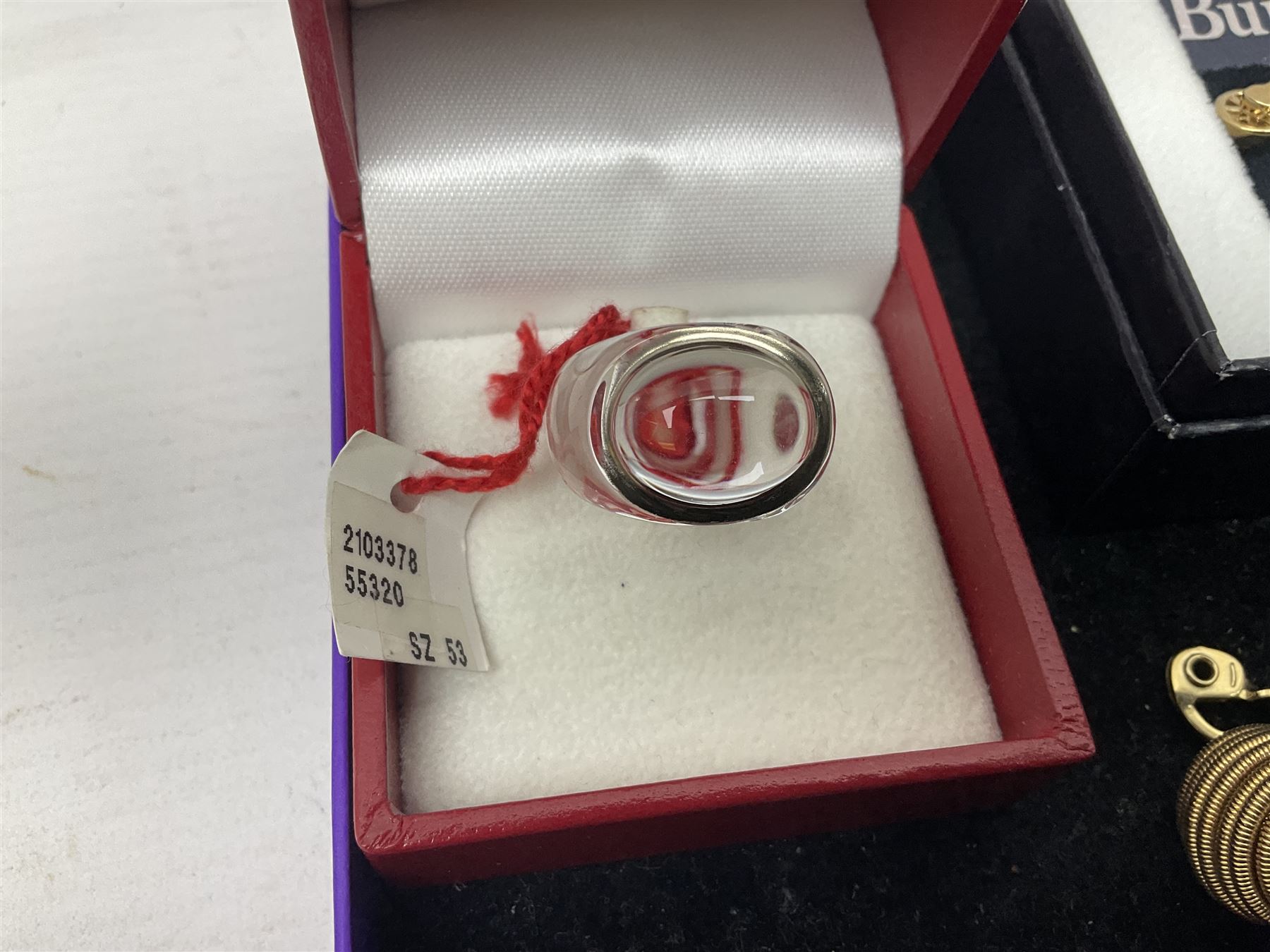 9ct gold cubic zirconia ring, Baccarat glass ring, silver jewellery, large collection of costume jewellery including Burberry brooch, Monet earrings and Esso England World Cup Squad tokens