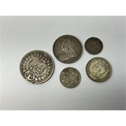 Great British and World coins including Queen Victoria 1845 four pence, 1891 half crown, 1900 florin, various Queen Elizabeth II old round one pound coins, mixed World coins, small number of collectors items, loose stamps etc