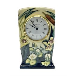 Moorcroft mantel clock, decorated in Bulrush and Water Lily pattern, with impressed and printed marks beneath, H15.5cm