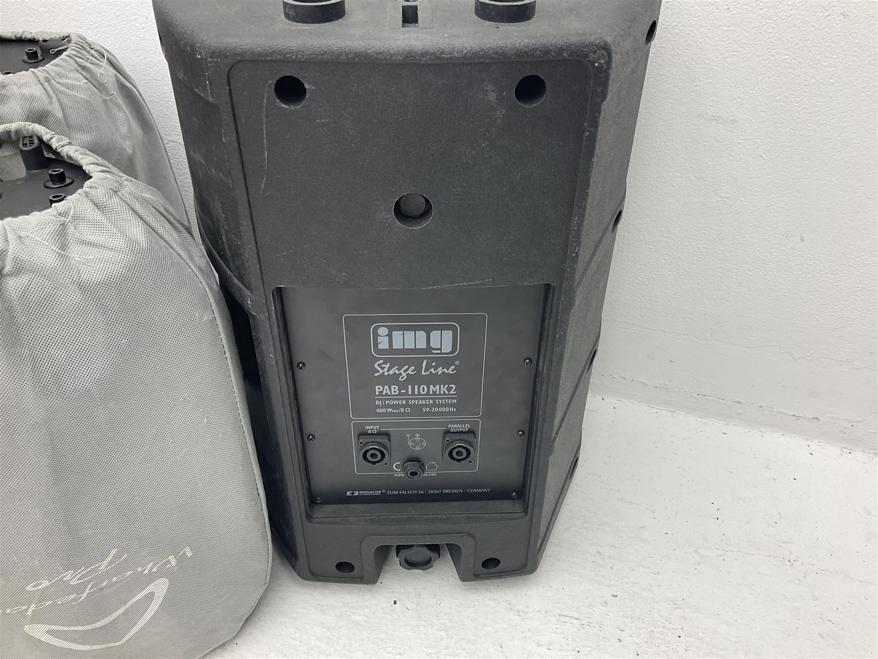 Wharfedale Pro Titan 12 speaker, pair of Wharfedale pro titan 8 speakers, Skytec SP1000 speaker, img stage line PAB-110 MK2 speaker and five speaker stands of various sizes (10)