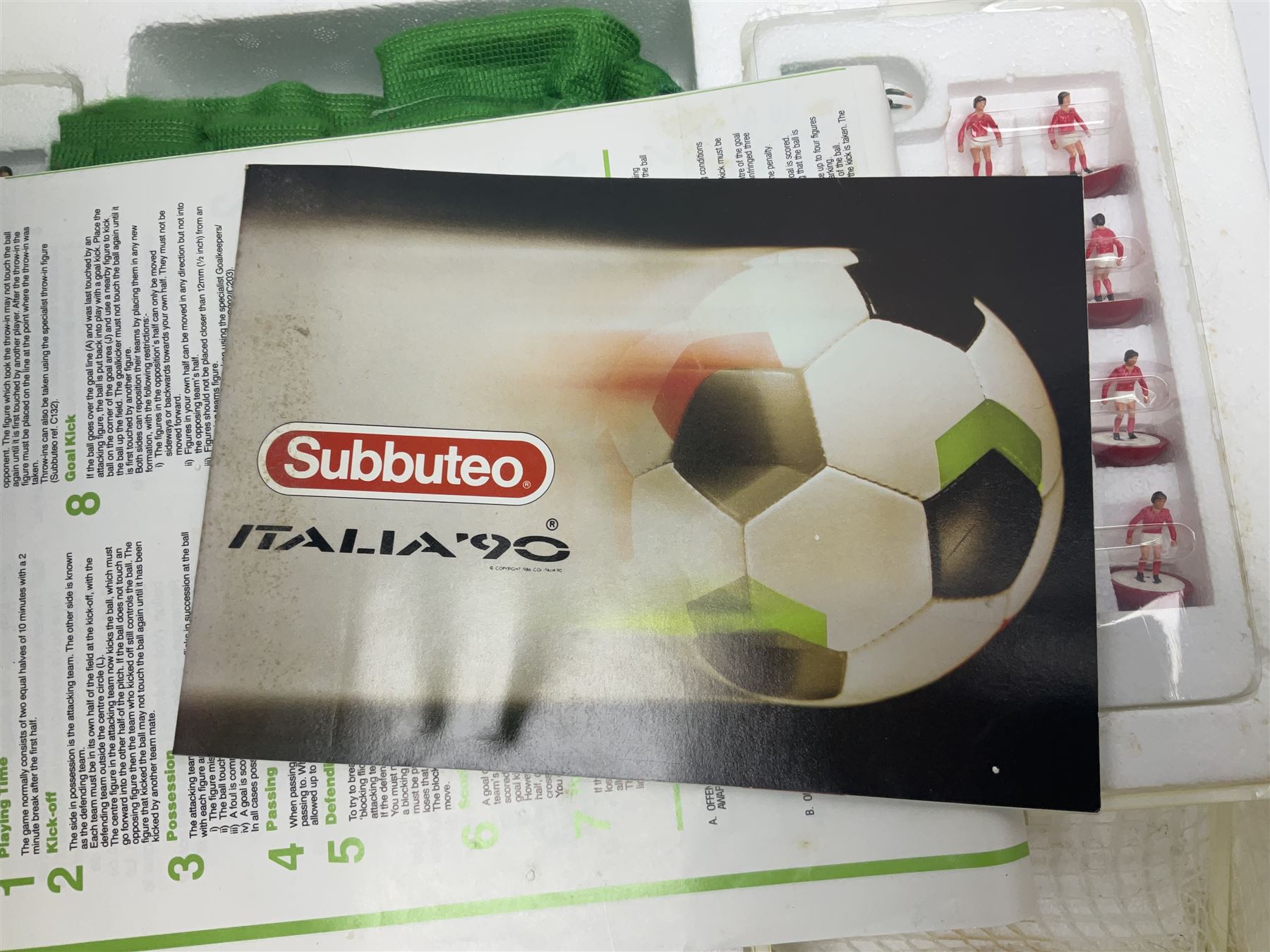 Subbuteo - table football game with plain red and blue teams; looks to be unused in box; six individually boxed additional teams comprising 779 Leeds United 2nd, 770 Manchester United 1993 Premier League Champions, 703 Southampton, 680 Scotland, 287 Notts County/Espinho/Doxa/Grimsby Town and 030 Berwick/East Fife/AEK/Hull City/Lierse; and Corinthian/Tetley Match of the Day Dream Team set of twelve figures on stand