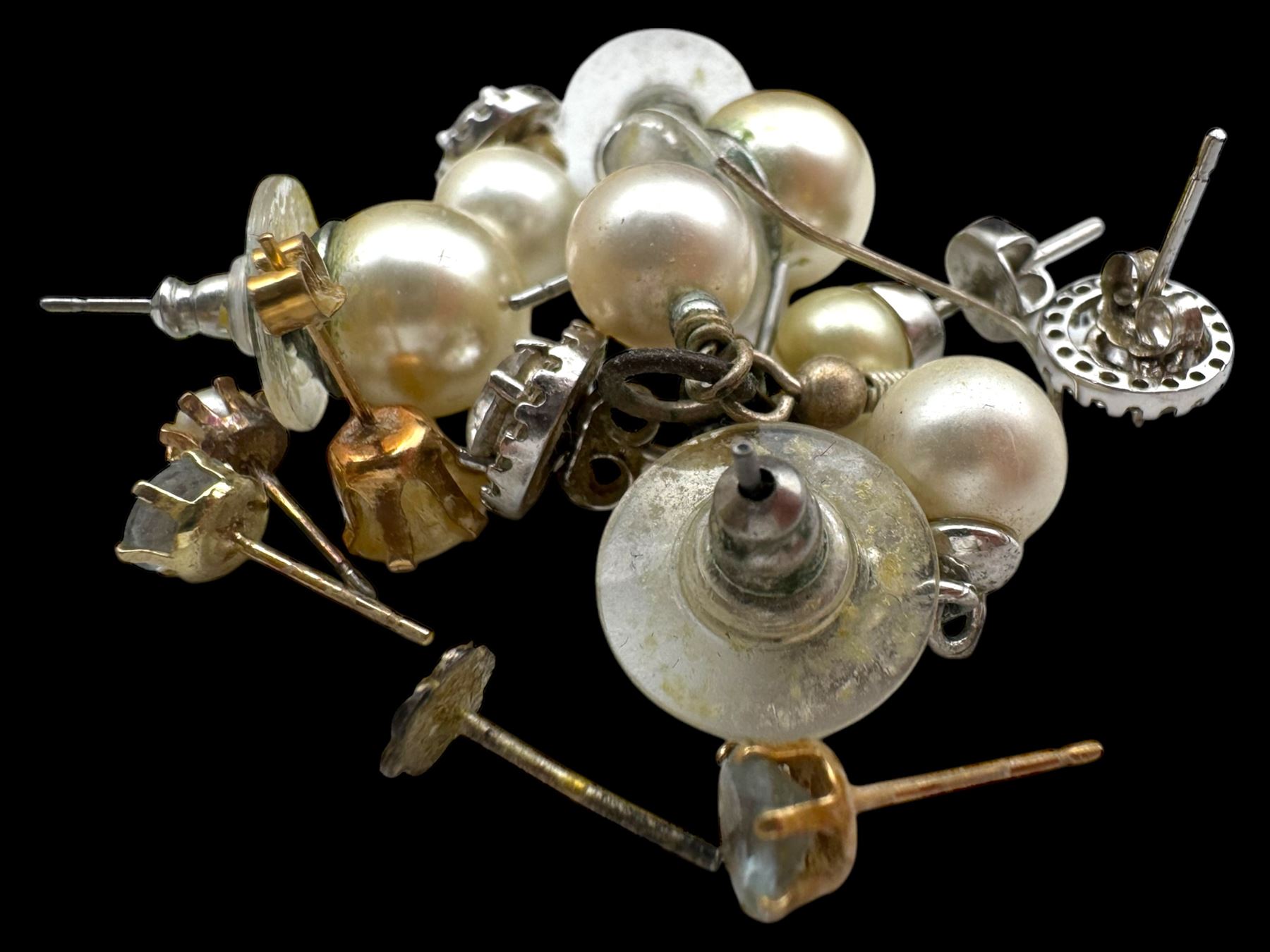 Four pairs of 9ct gold stud earrings, silver stone set stud earrings and a collection of costume jewellery brooches and bead necklaces