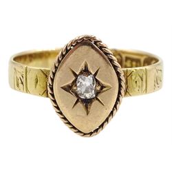 Victorian 15ct gold single stone diamond ring in a marquise setting, with engraved shoulders, maker's mark CW, London 1860