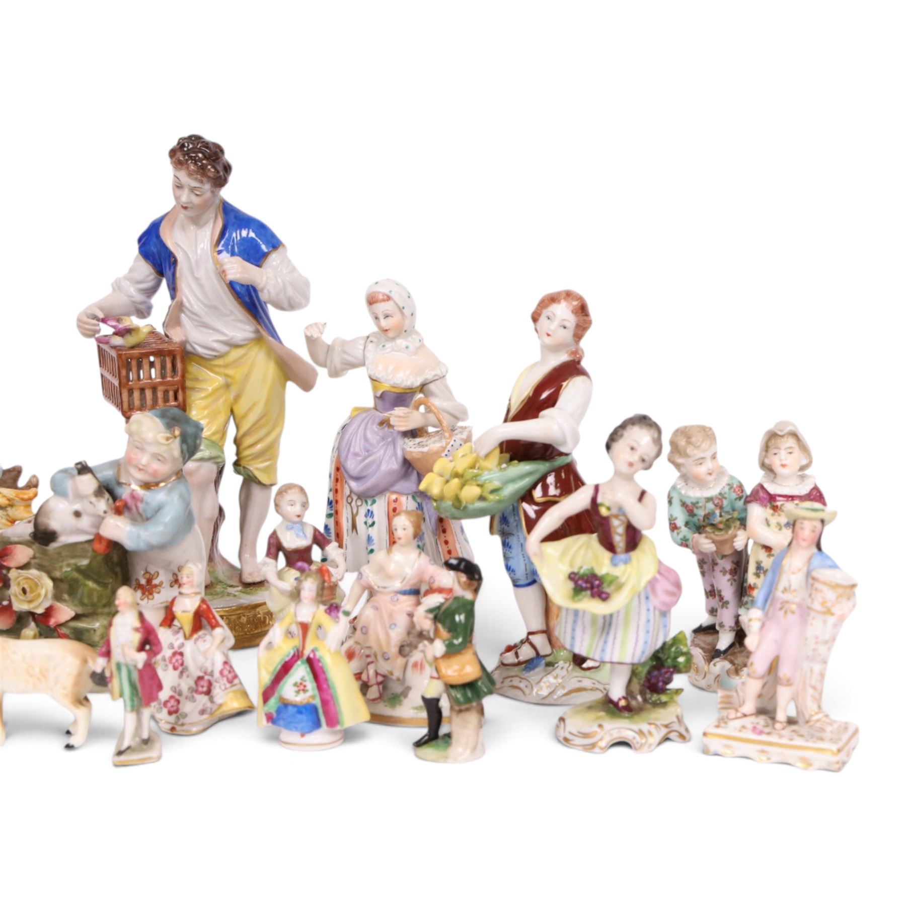 Volkstedt, pair of figures, the flower seller and the bird seller, together with Dresden fruit seller and card seller, with other continental figures