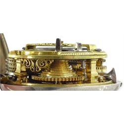 Early George III silver repousse pair cased verge fusee pocket watch by Samuel Weldon, London, No. 24807,  square baluster pillars, pierced and engraved balance cock, white enamel dial with Roman hours and outer Arabic minute ring, Louis XIV hands, bull's eye glass, inner case marked D. P, London 1761, the  outer case depicting figures in a garden setting with scroll borders