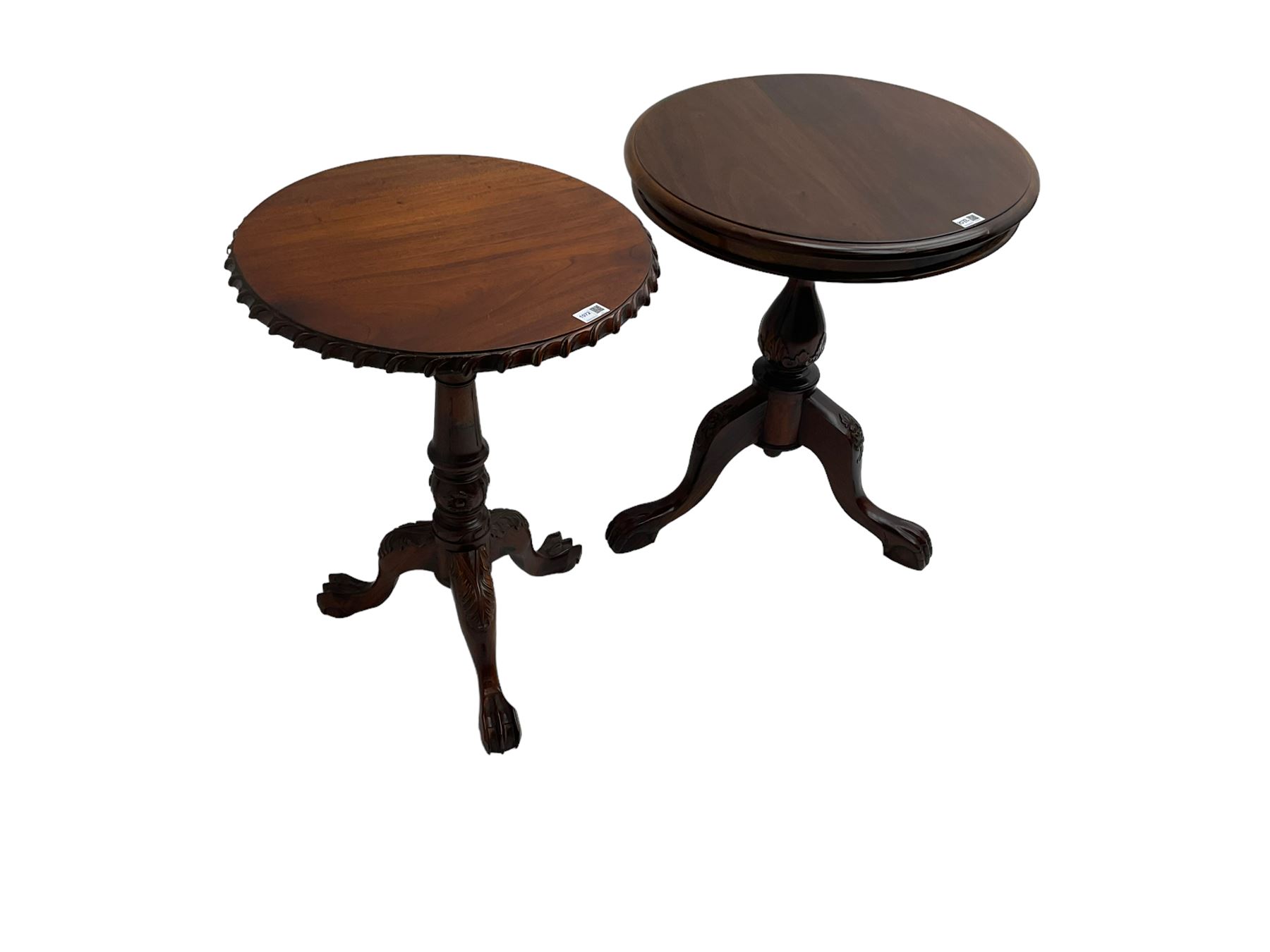 Georgian design mahogany pedestal occasional table, carved edge over birdcage action support, tripod base with acanthus leaf decoration and ball and claw feet (W50cm H70cm); Georgian design occasional table, circular top over vasiform pedestal with tripod base (W59cm H70cm)