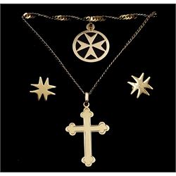 Pair of gold cross stud earrings and two gold cross pendant necklaces, all 9ct